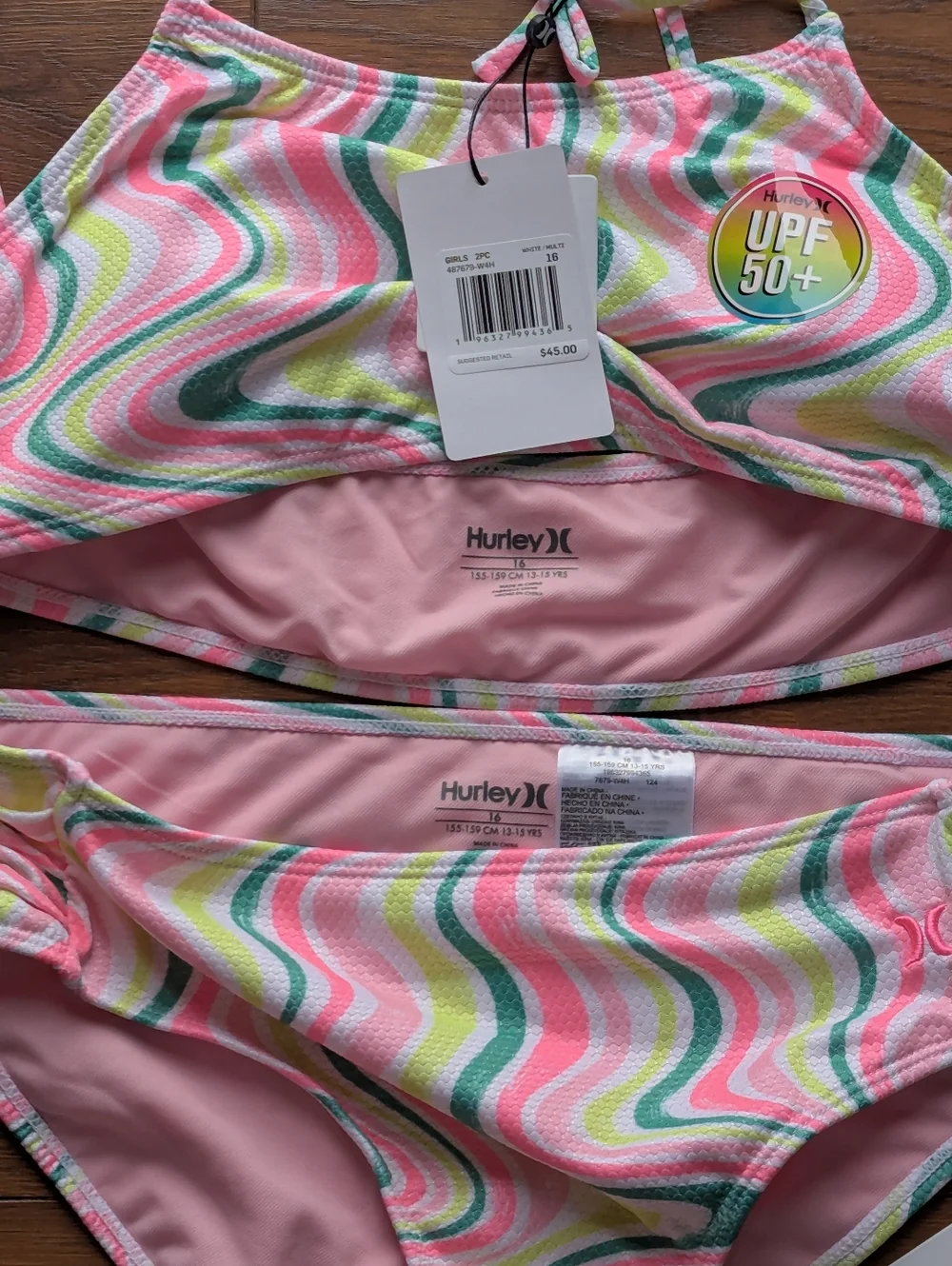 Hurley Girls Honeycomb Bandeau Bikini Set Pink Green White Size 16 NWT
